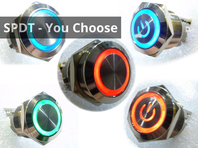 Large Led Flush Metal Push Button, 19mm Hole, Various Styles Available, SPDT