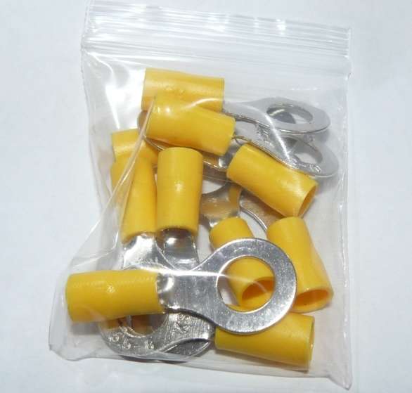 (10 of) Yellow Insulated Ring Terminal Crimp, Tin Plated Copper, Up To 8mm Bolt