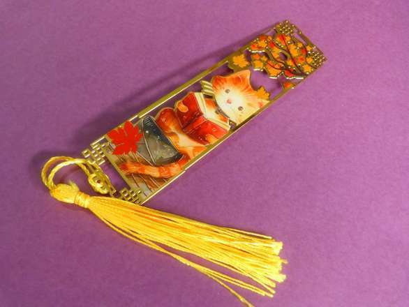 Metal Bookmark - Reading Cat - Gold Colour Metal Cutout With Colour Inlay Print
