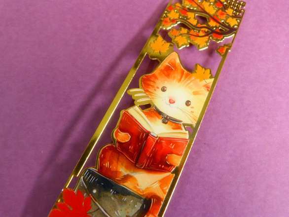 Metal Bookmark - Reading Cat - Gold Colour Metal Cutout With Colour Inlay Print