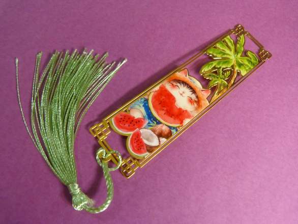 Metal Bookmark Watermelon Cat - Gold Colour Metal Cutout With Colour Inlay Print