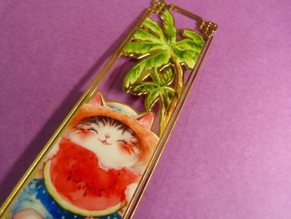 Metal Bookmark Watermelon Cat - Gold Colour Metal Cutout With Colour Inlay Print