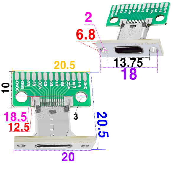USB Type-C Female Socket Breakout Board With Panel Mount