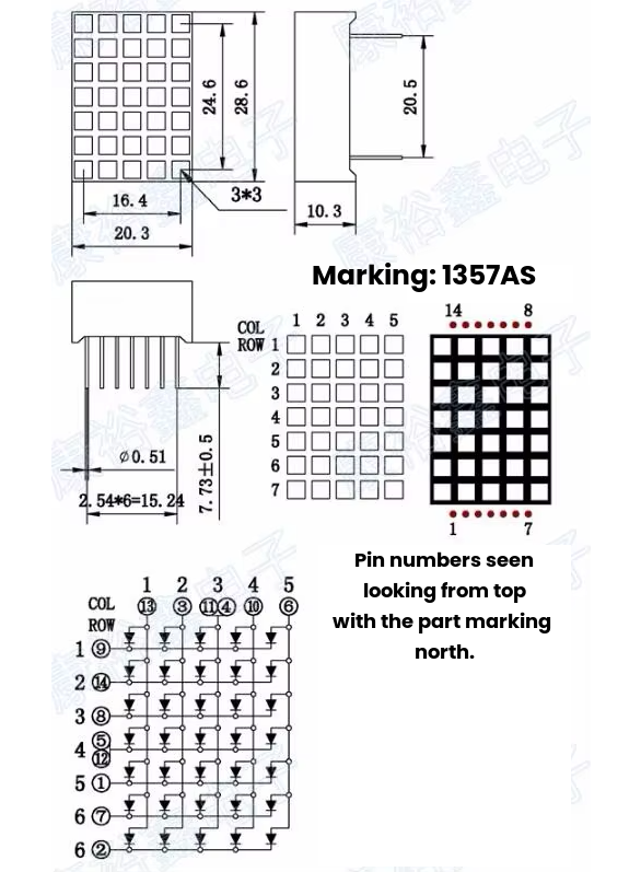 Mini LED Matrix Display - Red - 5x7 "Pixels" - 20x29mm
