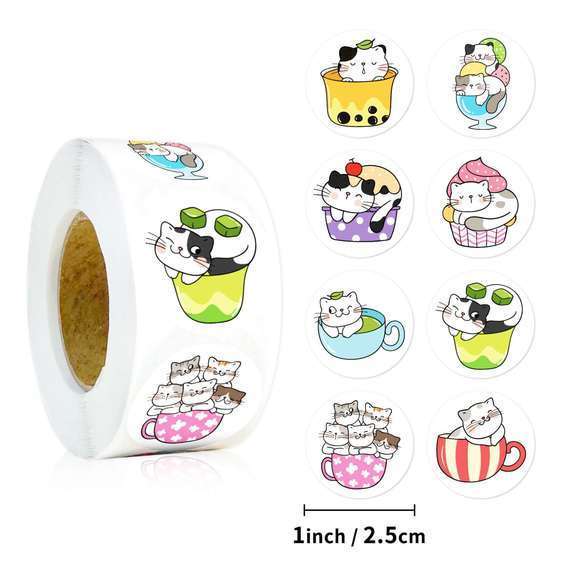 Roll of 500 Stickers (8 Designs) - Cute Cats