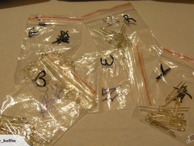 50 LEDs (10 each R, G, B, W, Y), 5mm Water Clear Assortment